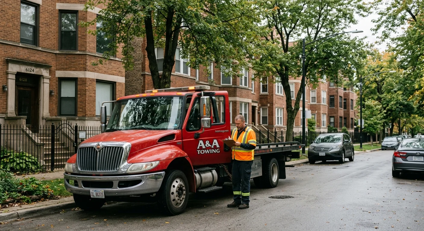 A flatbed tow truck parked on a Chicago side street lined with brick two-flats