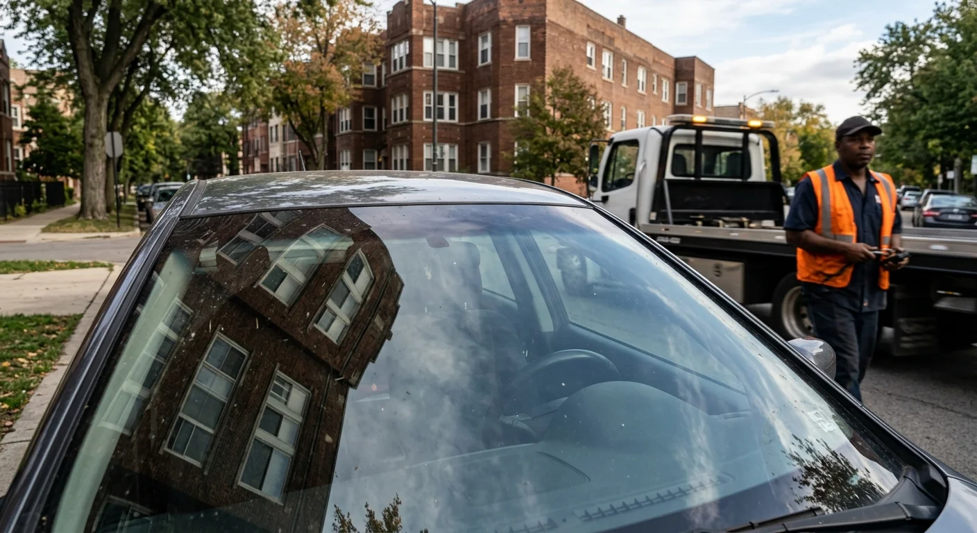 Close-up of a car windshield on a Chicago residential street