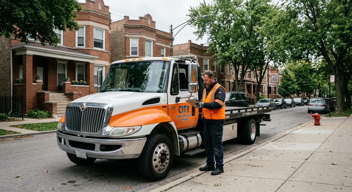 A flatbed tow truck parked on a Chicago side street lined with brick two-flats