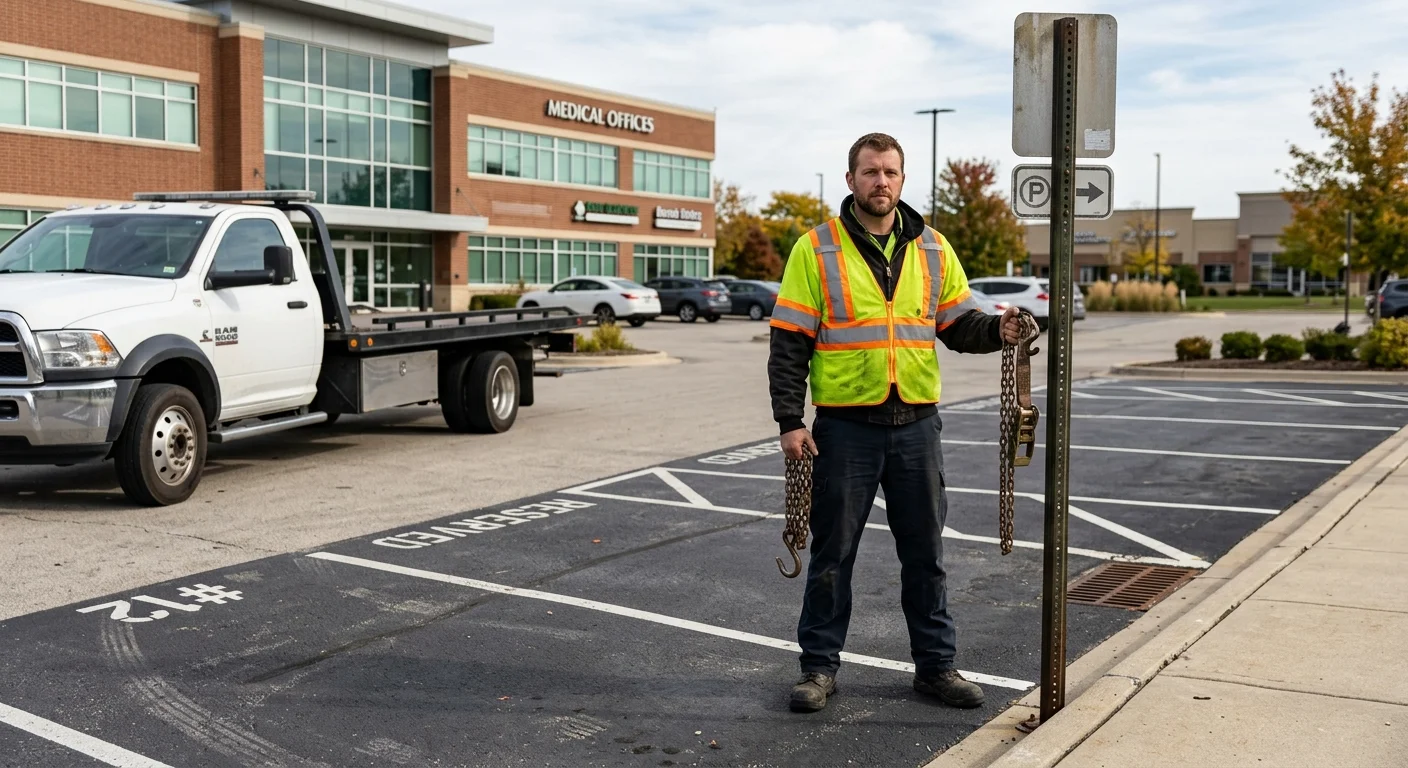Driver standing in an empty Arlington Heights parking space beside a commercial building