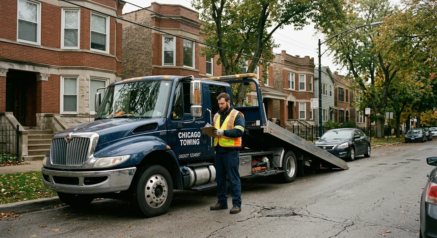 A flatbed tow truck parked on a Chicago side street lined with brick two-flats