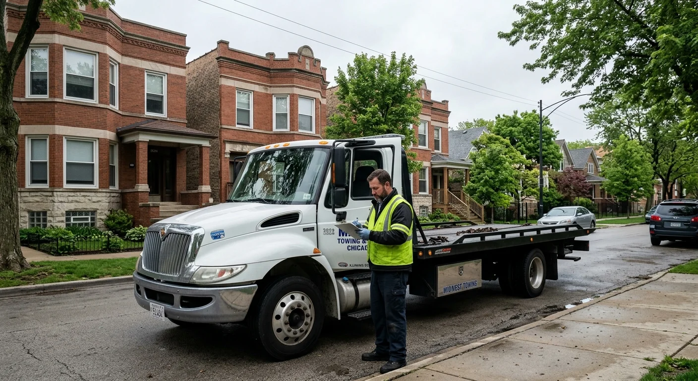 A flatbed tow truck parked on a Chicago side street lined with brick two-flats