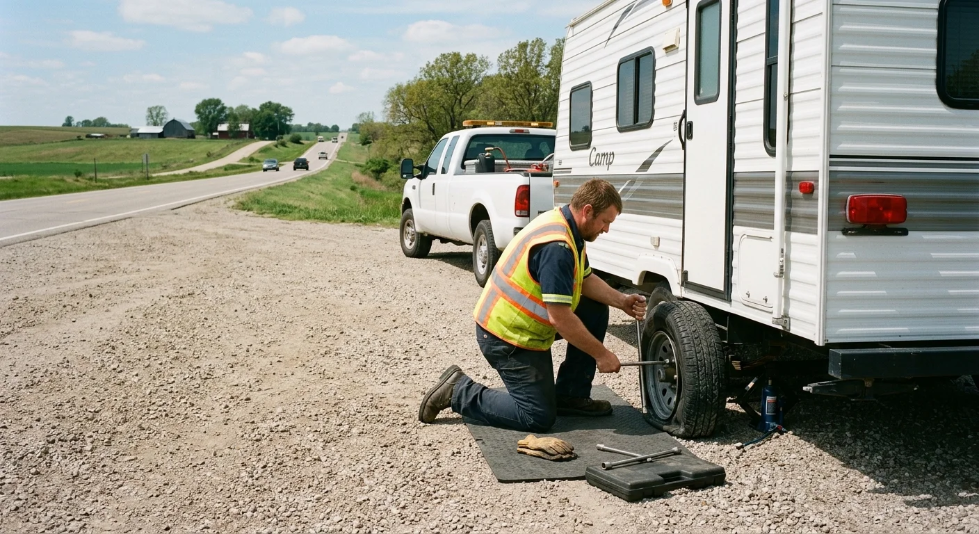 A travel trailer with a damaged tire parked safely in a large roadside turnout