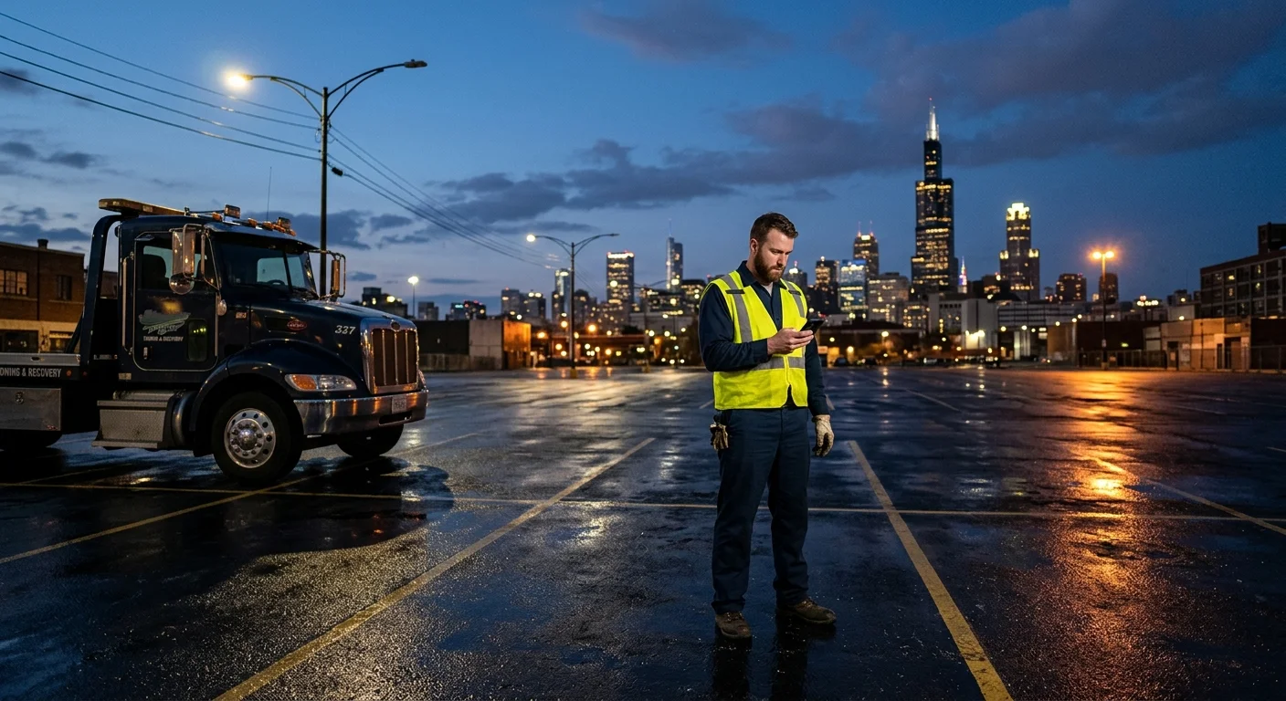 Driver checking a phone beside an empty Chicago parking space at dusk