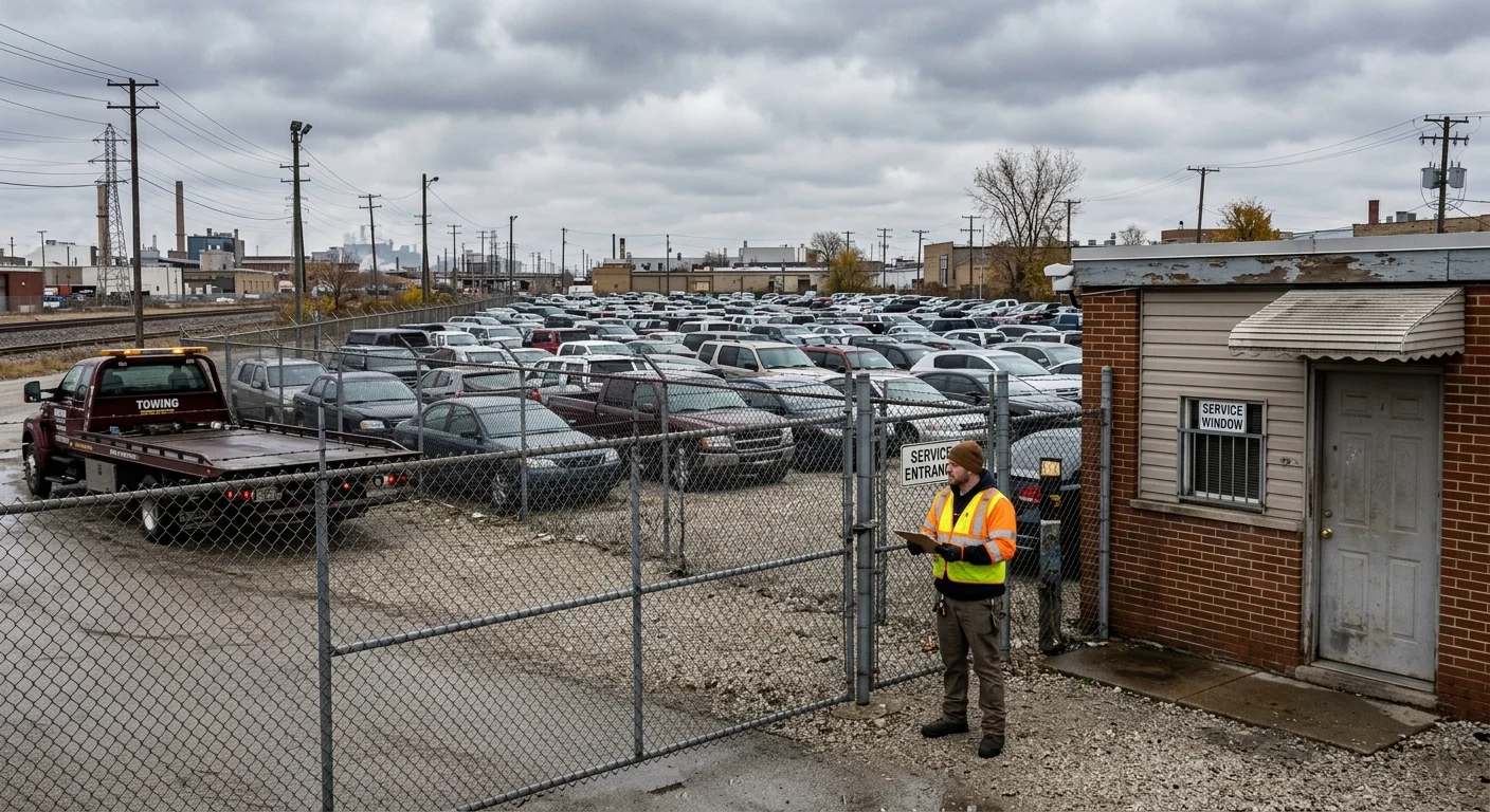 Cars behind a chain-link fence at a Chicago vehicle impound lot
