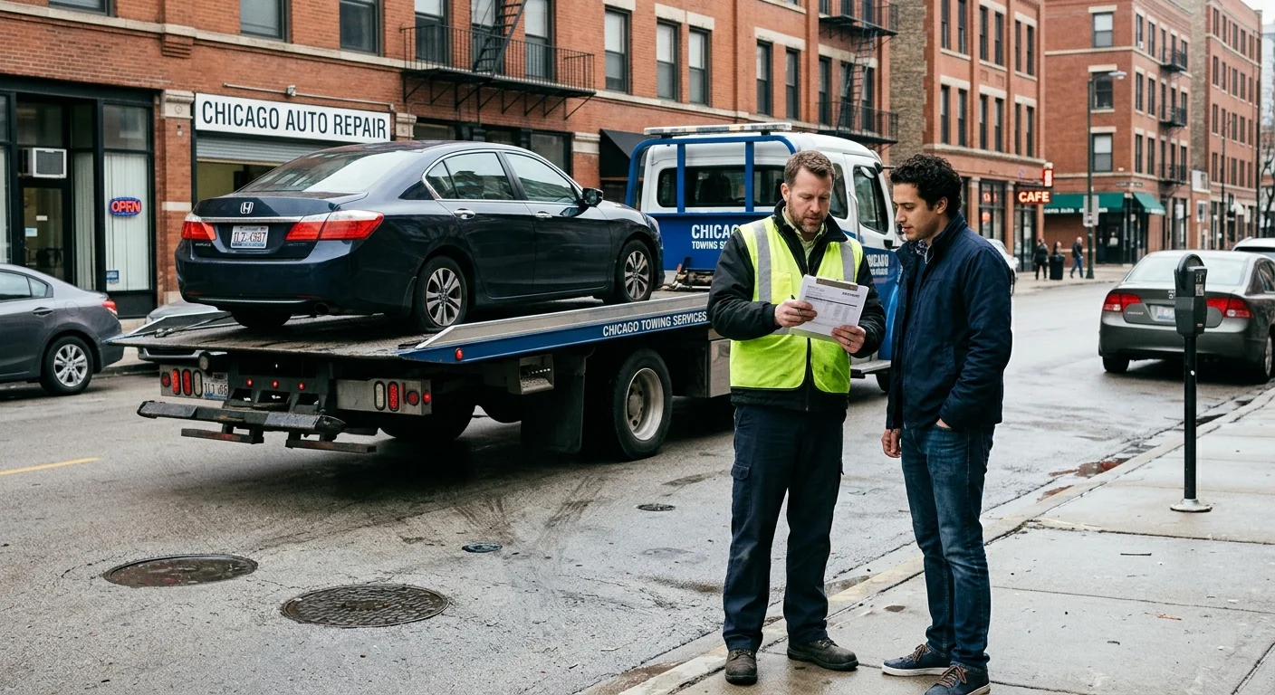 Car owner reviewing a towing invoice beside a Chicago flatbed operator