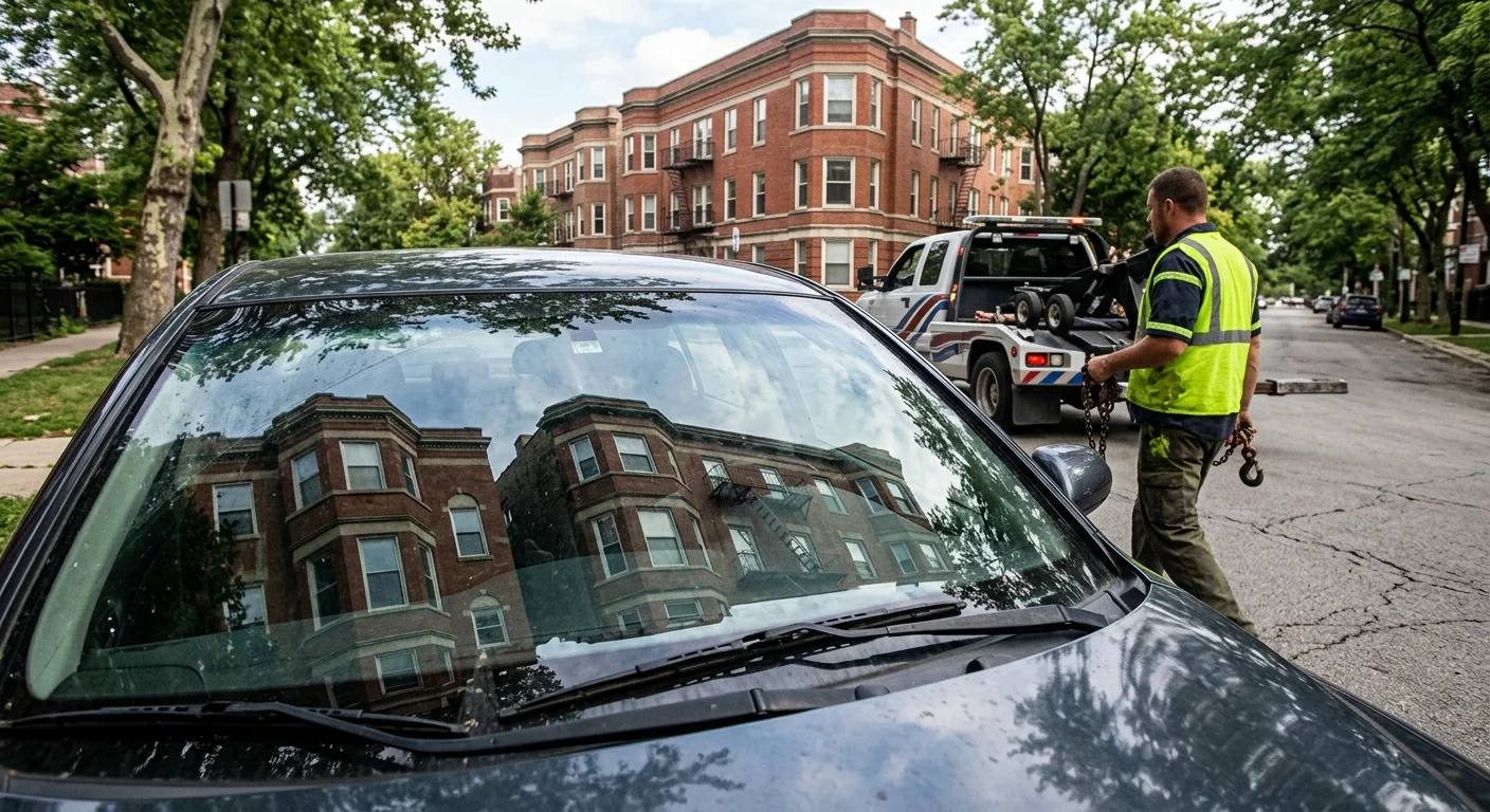 Close-up of a car windshield from outside on a Chicago residential street