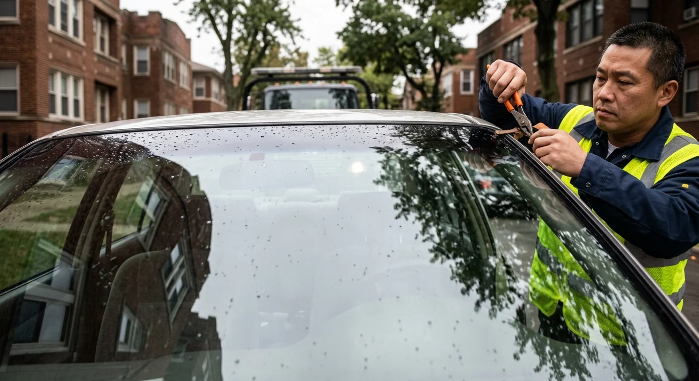 Close-up of a car windshield on a Chicago residential street