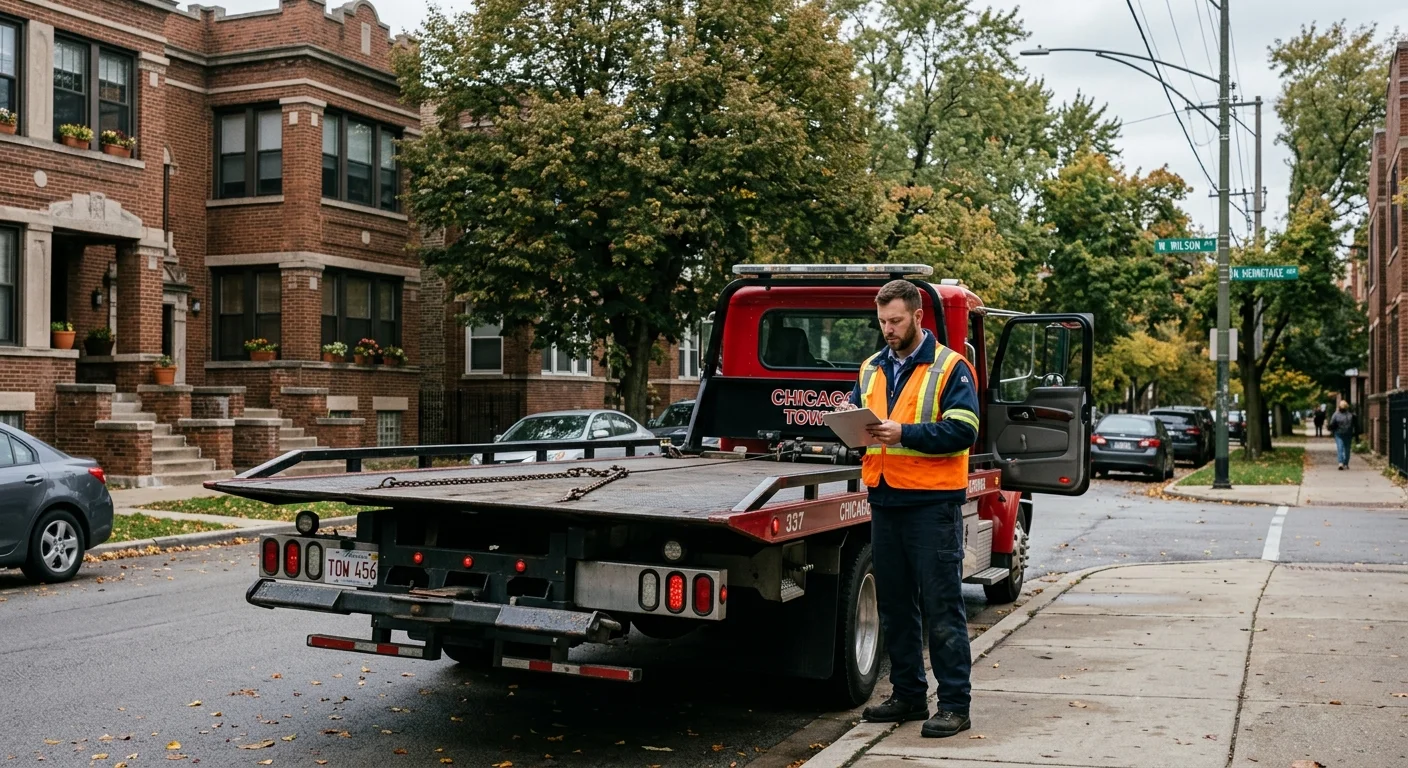 Flatbed tow truck on a Chicago street beside brick two-flats