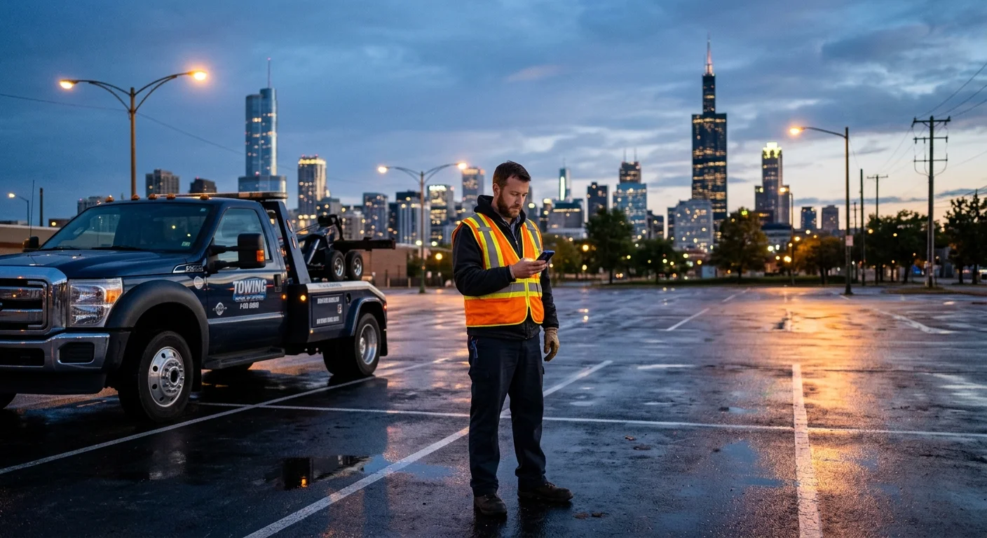 A driver checks a phone beside an empty Chicago parking space at dusk