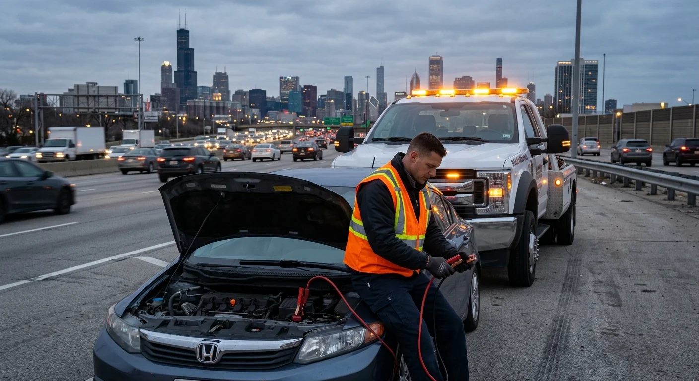 Tow operator jump-starting a sedan beside a Chicago expressway
