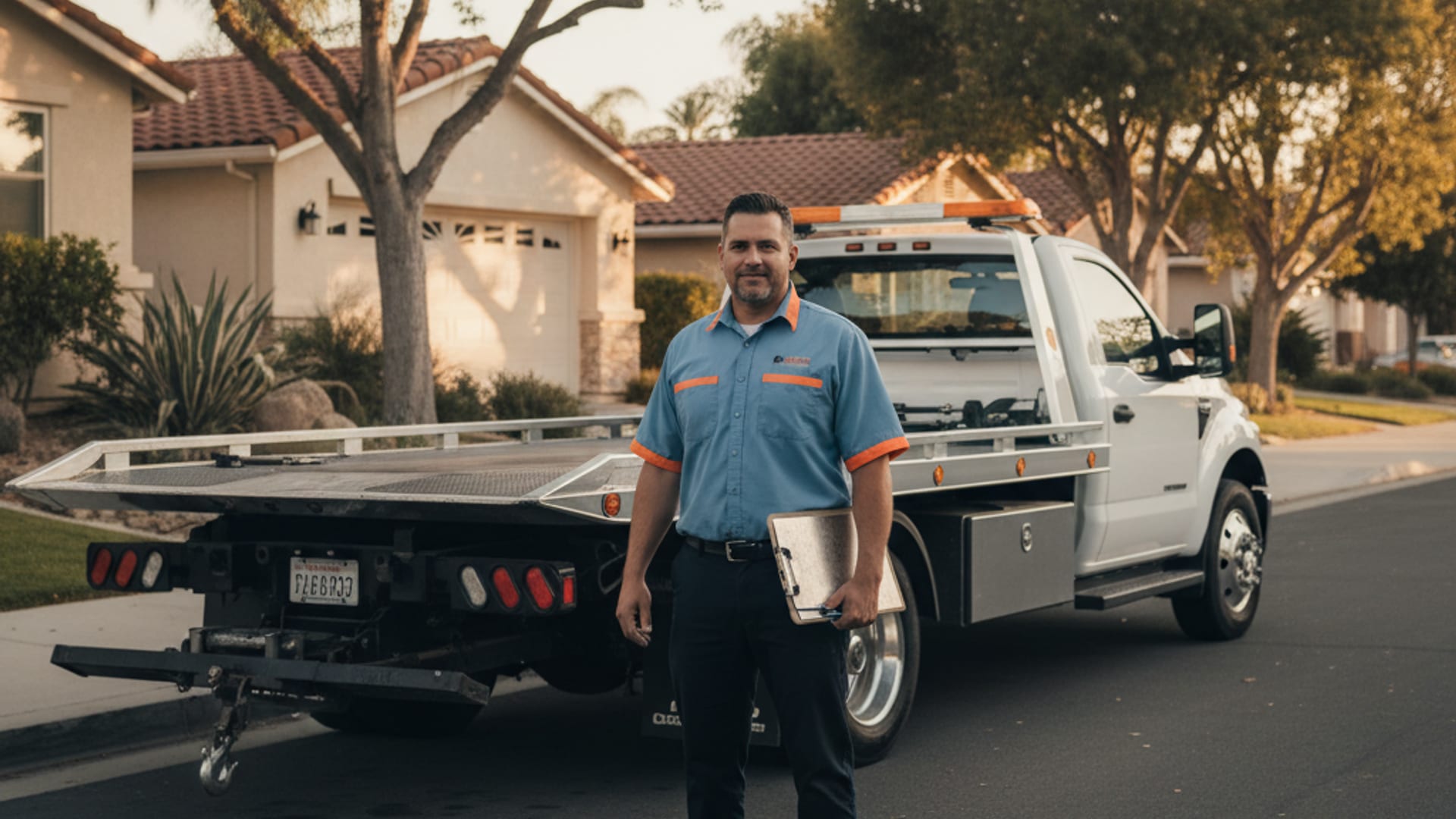 Quick Tow Chicago driver beside a flatbed rollback at golden hour in a Chicago IL residential neighborhood