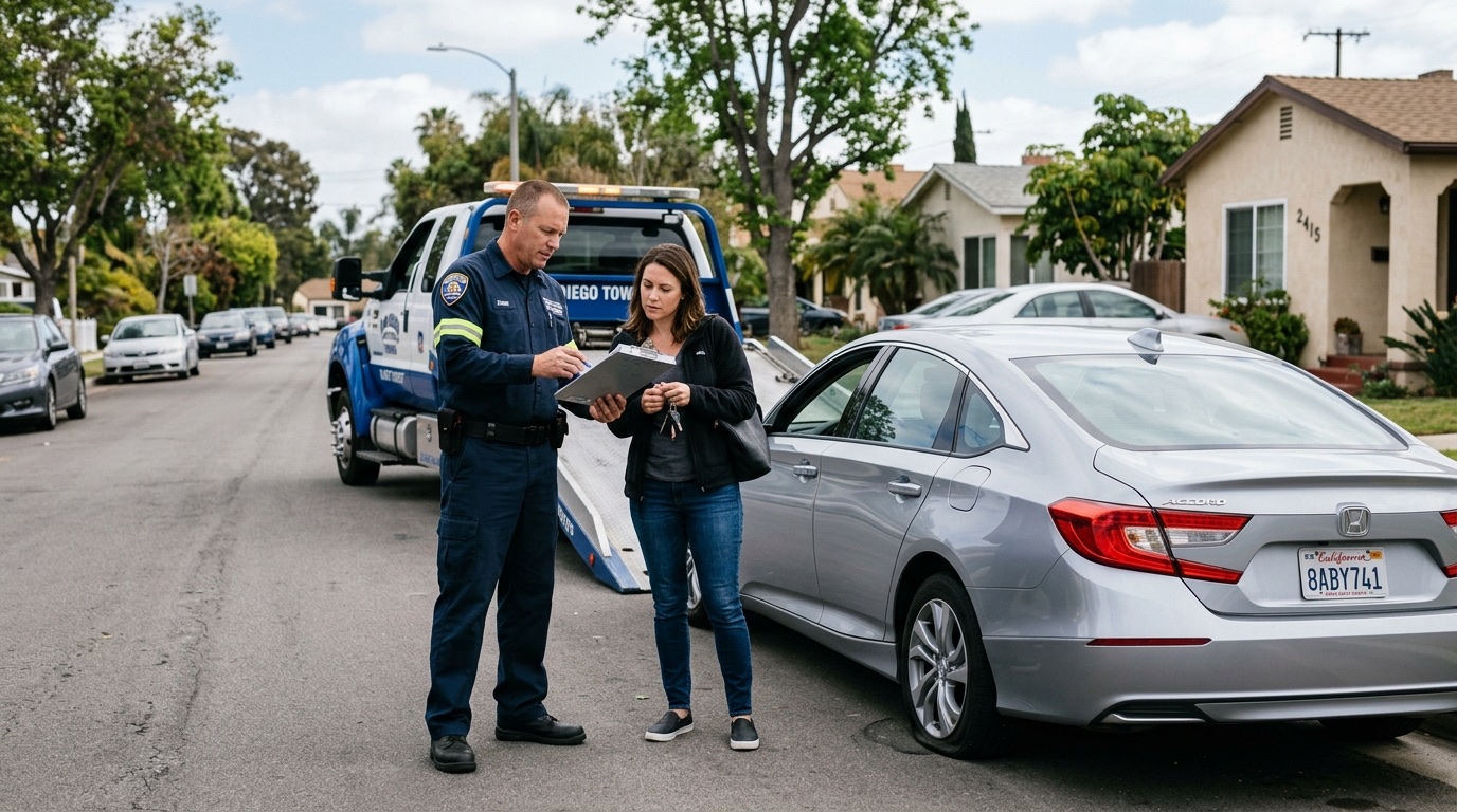 Chicago tow operator and customer discussing service options on an expressway shoulder