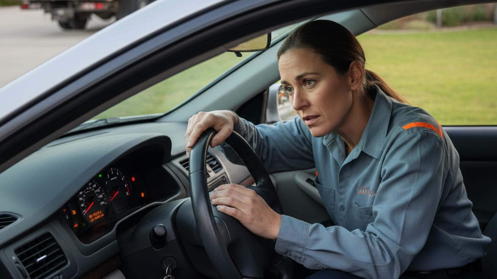 Driver checking dashboard warning lights on a parked car in a Chicago driveway