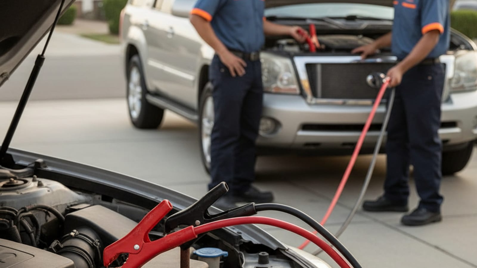 Close-up of jumper cables connected between two car batteries with the donor vehicle running in a Chicago driveway