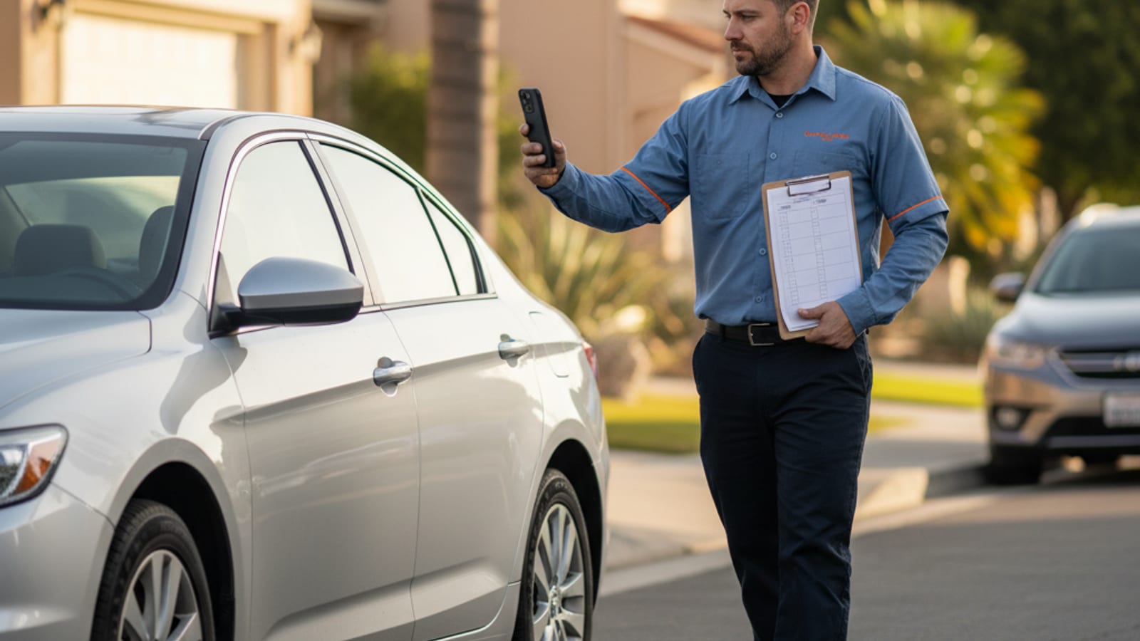 Driver walking around their vehicle making notes before a scheduled tow on a Chicago residential street