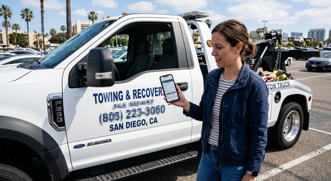 Customer checking a tow operator's credentials on a smartphone in a Chicago parking lot