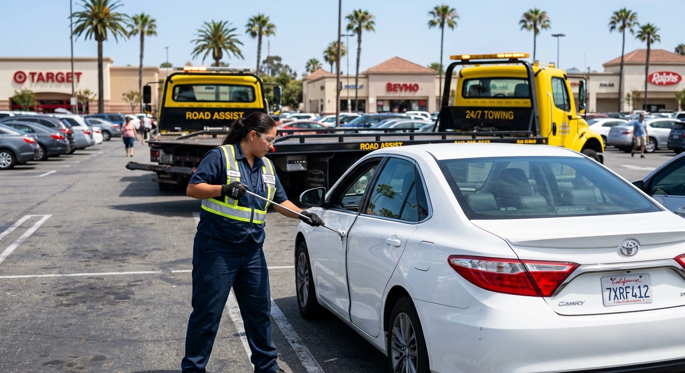 Quick Tow Chicago technician using a long-reach lockout tool to unlock a sedan in a Chicago shopping center parking lot
