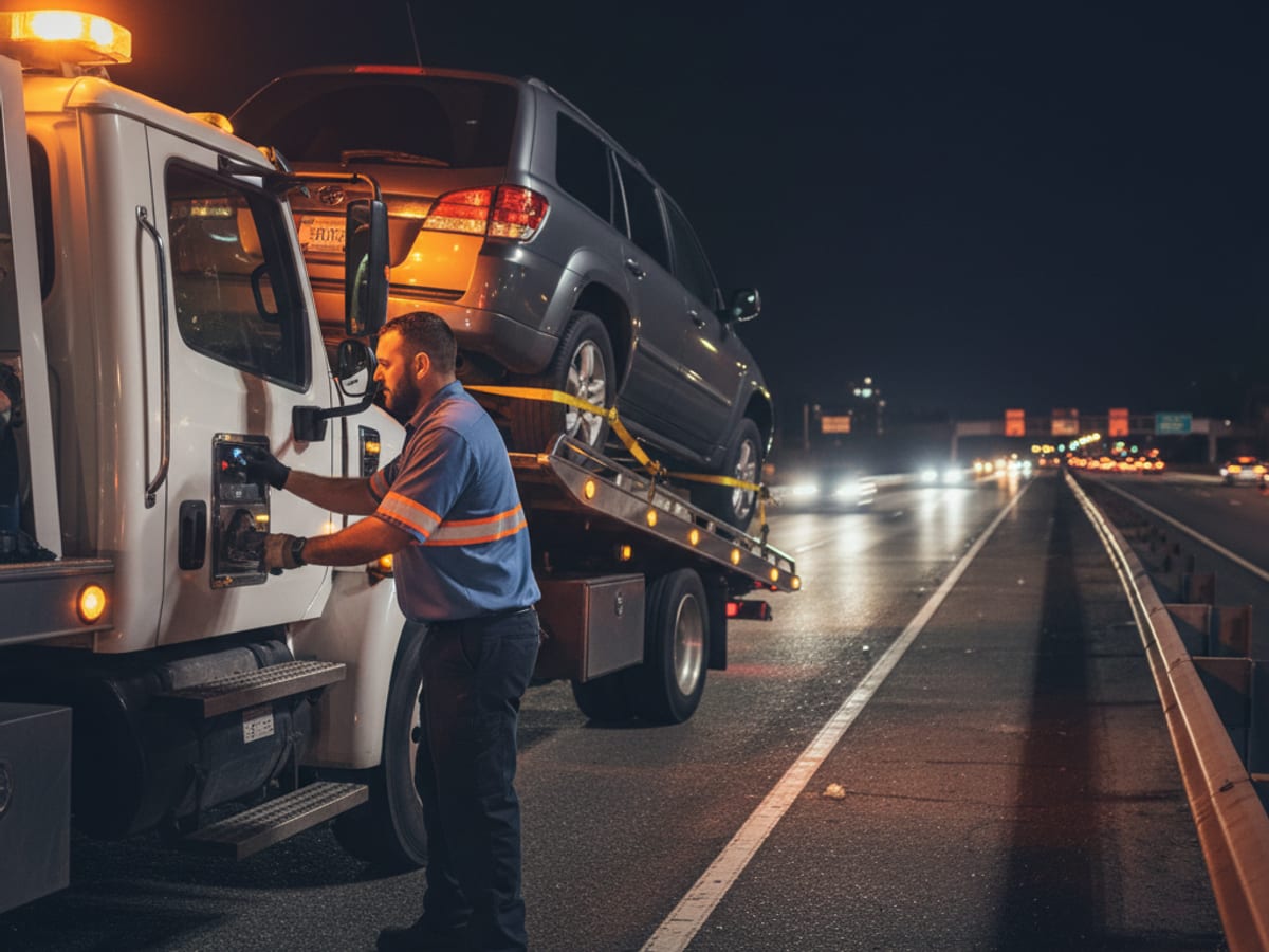 Quick Tow Chicago flatbed driver loading a disabled SUV on the Kennedy Expressway shoulder at night