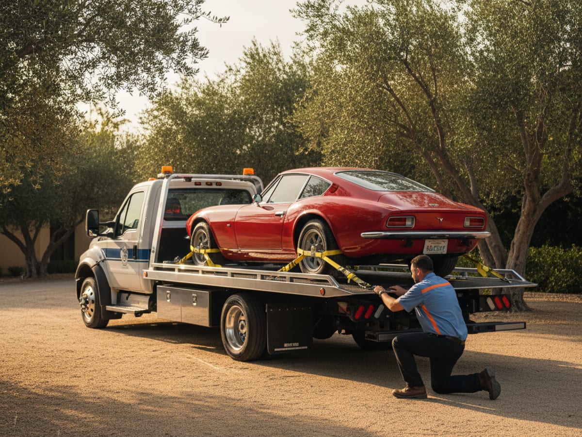 Quick Tow Chicago low-clearance flatbed carefully loading a classic Porsche with soft-tie wheel nets in a Chicago suburb
