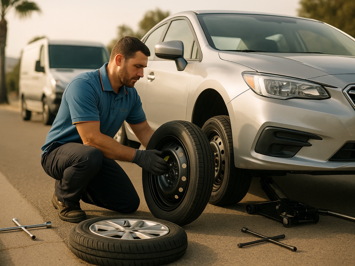 Quick Tow Chicago technician changing a flat tire for the spare on a vehicle pulled onto a Chicago street shoulder