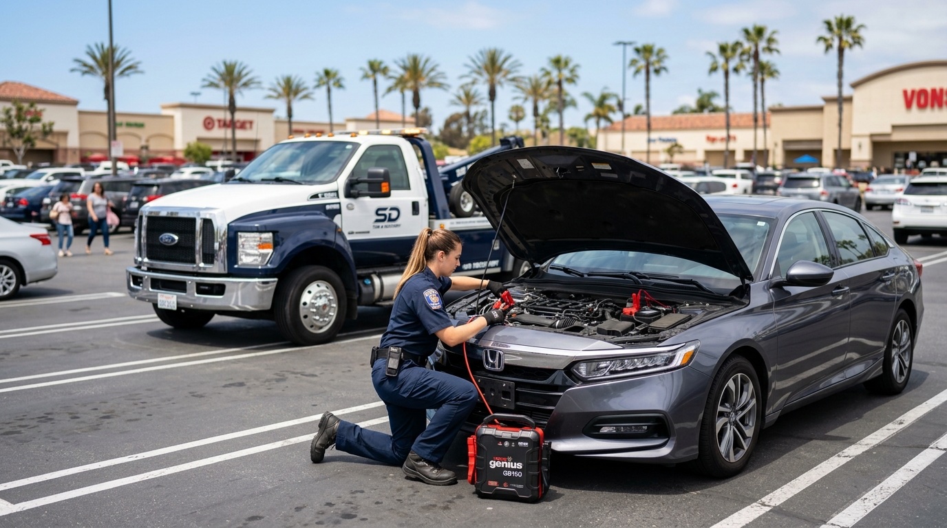 Quick Tow Chicago technician connecting a commercial jump pack to a dead battery in a Chicago parking lot during daylight