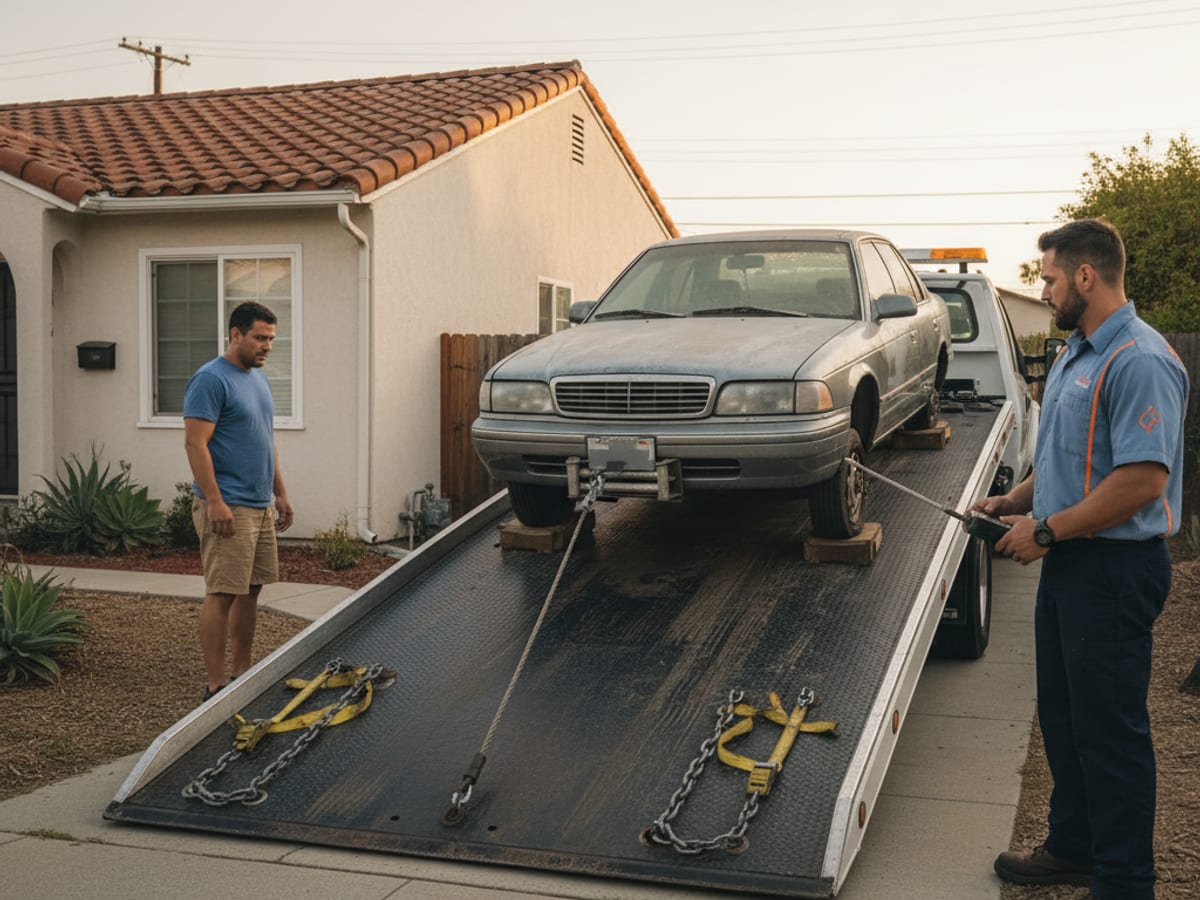 Quick Tow Chicago flatbed loading a non-running sedan from a South Side residential side yard