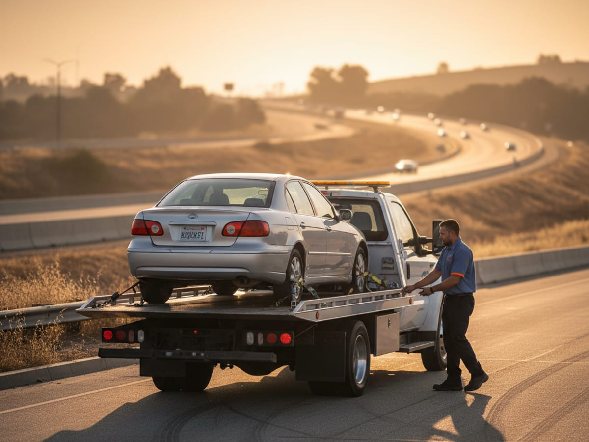 Quick Tow Chicago flatbed driver preparing for a long-distance interstate tow at sunrise on the I-80 shoulder
