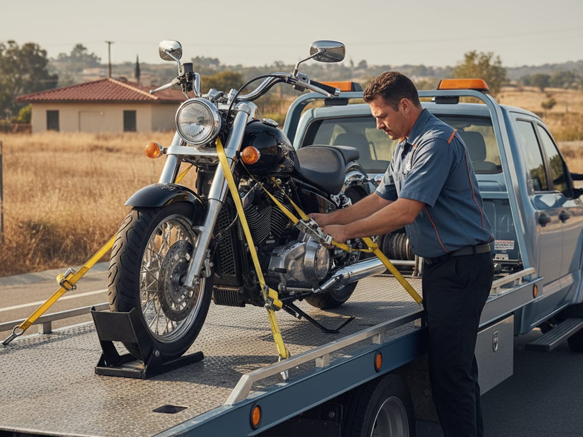 Quick Tow Chicago driver securing a Harley-Davidson cruiser on a low-deck flatbed near Lake Shore Drive
