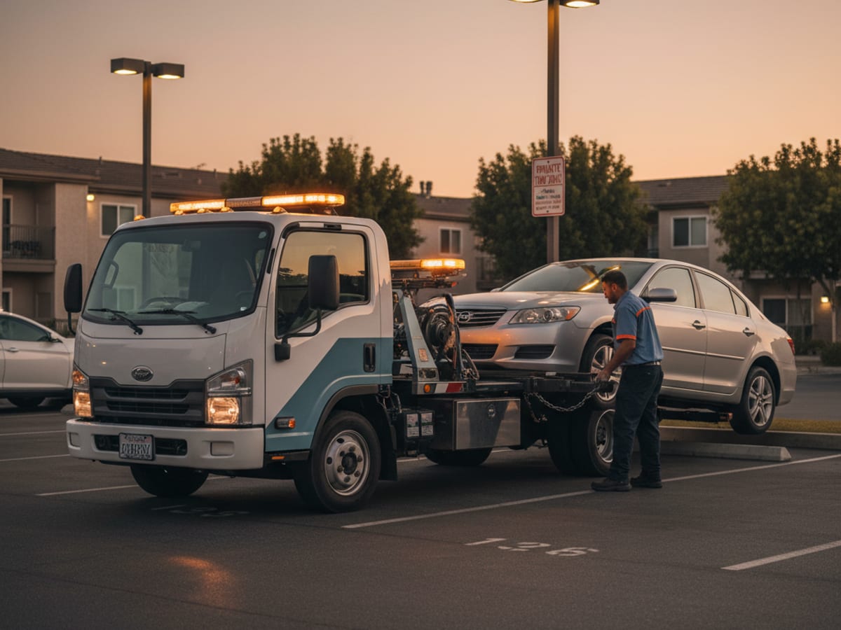 Quick Tow Chicago truck working a permit-parking apartment complex lot in a Chicago suburb at dusk