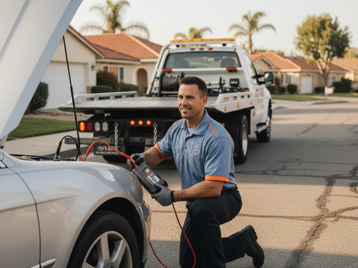 Quick Tow Chicago technician jump-starting a disabled car on a residential Chicago side street