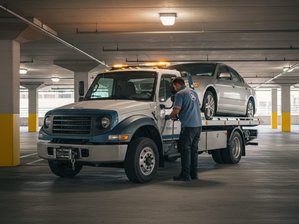 Quick Tow Chicago wheel-lift truck hooking a Honda sedan on a narrow Chicago side street